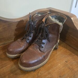 Bull Boxer Brette Leather Boots Womens Size 7 M Cognac Brown Zip Up Lace Fur